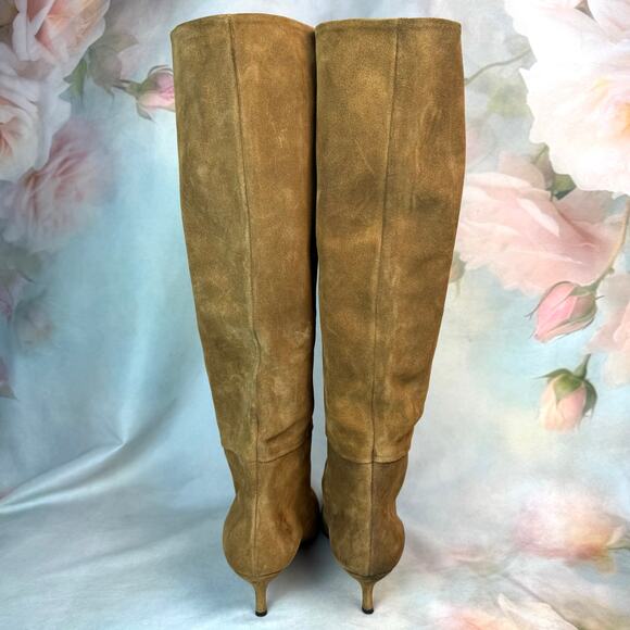 Neil J. Rodgers Camel Suede Leather Pointed Toe Knee High Pull On Heeled Boots - Picture 5 of 10